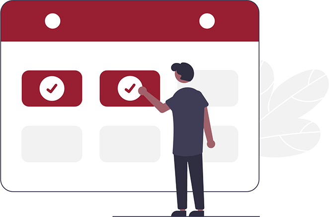 Illustration of a person standing in front of a large calendar, selecting an online window appointment marked with a red check mark. The calendar shows two visible dates checked in red.