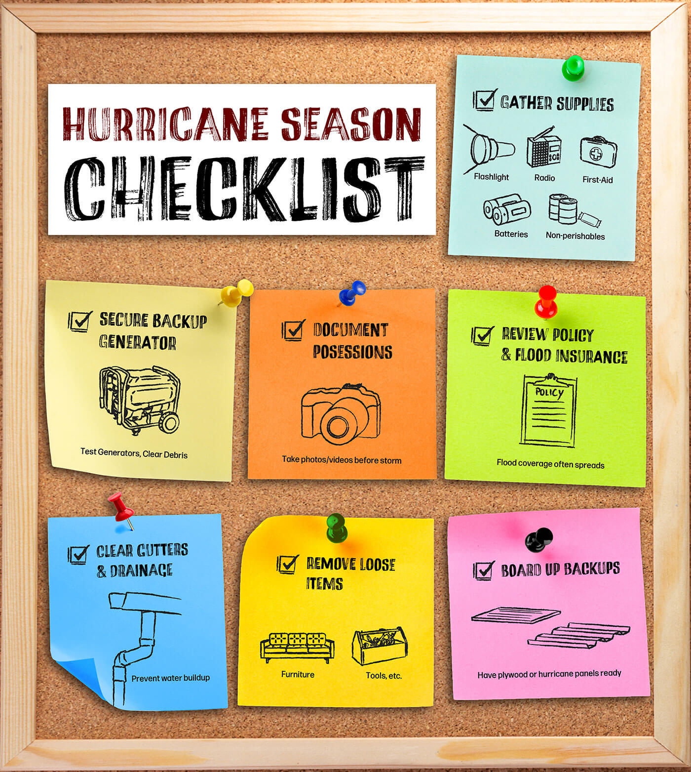 A corkboard displays a hurricane checklist for Tampa Bay, Florida, with sticky notes listing tasks: gather supplies, secure backup generator, document possessions, review policy, clear gutters, remove loose items, and board up windows. Icons illustrate each task.